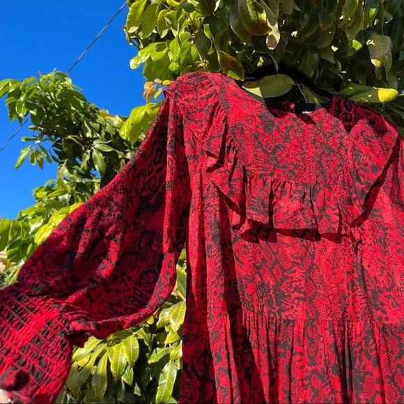 Ba&sh red python snake animal print ruffle long sleeve mini dress - Picture 2 of 5